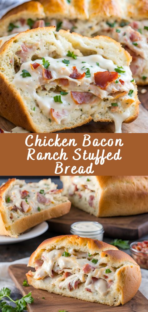 Chicken Bacon Ranch Stuffed Bread is the ultimate comfort food, combining the savory flavors of chicken, crispy bacon, and creamy ranch dressing, all encased in a warm, crusty loaf of bread. This dish is perfect for game day, family gatherings, or any time you want a hearty, crowd-pleasing meal. Stuffed bread recipes have always been a hit because they are easy to make, versatile, and absolutely delicious. Stuffed Bread Loaf Recipes, Chicken Bacon Ranch Stromboli Recipe, Stuffed Bread Recipes, Loaf Bread Recipe, Bread Chicken, Stromboli Recipe, Creamy Ranch Dressing, Stuffed Bread, Bread Puddings