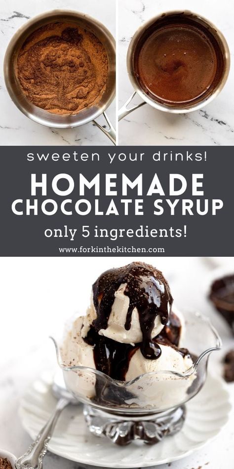 Making homemade chocolate syrup is so easy to do with just 5 ingredients and 5 minutes. It's a rich, decadent chocolate syrup that's even better than store-bought - made without corn syrup or dairy. Add it to homemade lattes, drizzle over ice cream, and so much more! Chocolate Syrup For Ice Cream, Chocolate Simple Syrup, Homemade Lattes, Syrup For Drinks, Chocolate Syrup Recipe, Homemade Coffee Syrup, Pro Metabolic, Chocolate Syrup Recipes, Homemade Chocolate Syrup