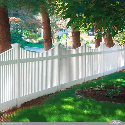 Vinyl Fence Decorating Ideas, Fence Decorating Ideas, Vinyl Picket Fence, Landscaping Along Fence, White Vinyl Fence, Vinyl Privacy Fence, Picket Fence Panels, Fence Options, Privacy Landscaping