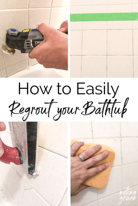 For this budget bathroom remodel we are using what we have. Here’s how to easily regrout your bathtub walls without spending a lot of time or money! Redoing A Bathroom On A Budget, Repair Grout In Bathroom, Redo Grout Bathroom, How To Regrout Shower Tile, Bathtub Backsplash Ideas, Regrout Shower Tile, Regrouting Tile, Diy Grout, Bathroom 2023