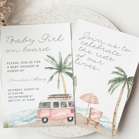 Baby on board! 🌊 🏄‍♂️ Surfs up, a beach baby is on the way! The perfect beach vibes baby shower bundle for the soon to be surf babies 🩵🩷 Both boy & girl designs to choose from! ✌️ #beachbaby #beachbabies #babyshowerideas #babyshowertheme #beachbabyshower Baby Shower Beach Theme, Baby On Board Baby Shower Ideas Girl, Beach Girl Baby Shower Ideas, Beach Baby Shower Theme, Surf Baby, Beach Baby Showers, Baby Printables, Stationary Gifts, Summer Baby Shower