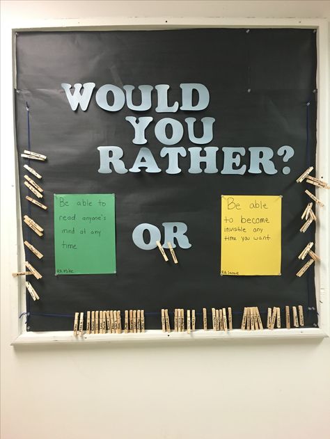 RA Passive bulletin board - Would You Rather Clothespins have residents' names on them and they can pick which scenario they would rather be in Staff Room Bulletin Boards, Hr Communication Board, Corporate Bulletin Board Ideas, Would You Rather Bulletin Board Ideas, Employee Break Room Decorating Ideas, Break Room Bulletin Board Ideas, Interactive Bulletin Boards High School, Employee Bulletin Board Ideas Break Room, Would You Rather Bulletin Board