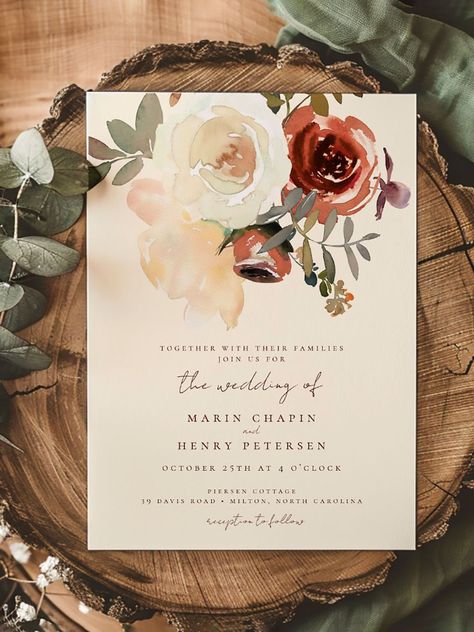 $1.98 | Elegant Romantic Fall Floral Red Wedding Invitation ⭐️ Elegant Romantic Fall Floral Red Wedding Invitation #elegant #romantic #fall #floral #flowers #darkred #autumn #instantdownload #weddinginvitation #receptioninvitation // Wedding aesthetic // Wedding invitations ideas // Wedding invitation templates // Wedding invitation card design // Wedding invites // #weddinginvitations #wedding #weddinginspiration #weddingstationery #weddinginvites #weddinginspo #weddingideas #bride #love #ad Fall Theme Wedding Invitations, Aesthetic Wedding Invitations, Invitation Card Design Wedding, Fall Themed Wedding Invitations, Card Design Wedding, Autumn Wedding Invitations, Wedding Invitations Ideas, Wedding Invitation Elegant, Wedding October