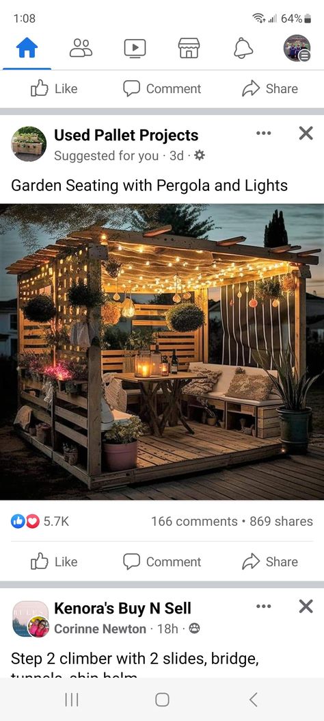 Wood Pallet Outdoor Seating, Backyard Patio Pallet Ideas, Gazebo Ideas Backyard Pallets, Gazebo Seating Area, Pallet Wood Gazebo Ideas, Trailer Park Garden Ideas, Diy Hangout Spot Outside, Diy Pallet Porch Decks, Gazebo From Pallets