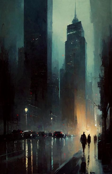 Art Scenery, Street At Night, Piskel Art, Angel Aesthetic, City Painting, Cityscape Art, Neo Noir, Cityscape Painting, Cool Wallpapers Art