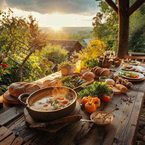 "Sunset Dinner Setting: Rustic outdoor dinner table laden with homemade food enjoying a tranquil sunset in the countryside. #countryside #tranquil #dinnertime #homemadefood #rusticcharm #eveningvibes #outdoordining ⬇️ Download and 📝 Prompt 👉 https://stockcake.com/i/sunset-dinner-setting_344063_370314" Shu Qui, Homey Dinner, Outdoor Food Photography, Homestead Dinner, Cottagecore Dinner, Family Commune, Countryside Food, Farmhouse Dinner, Outdoor Dinner Table