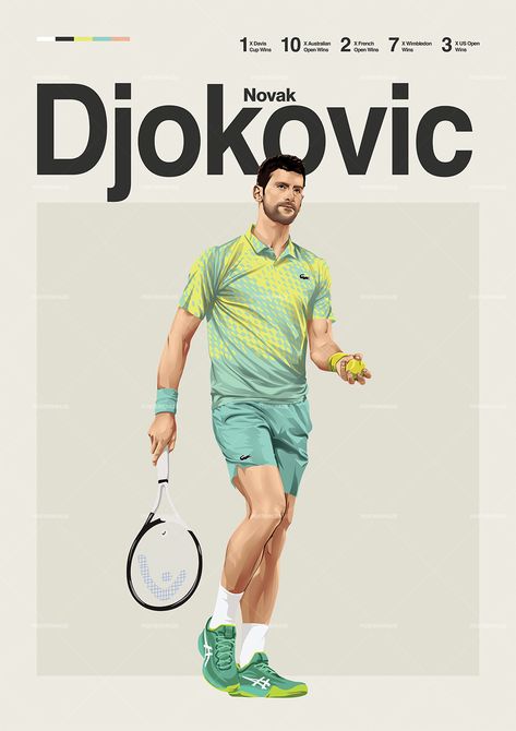 Novak Djokovic poster featuring a mid century modern design style. The high-quality print showcases a beautiful digital drawing of Novak Djokovic. Perfect for any tennis fan looking to add some flair to their living space. Tennis Poster, Nike Tenis, Tennis Photography, Tennis Posters, Bee Wall Art, Sports Posters, Tennis Fan, Bible Verse Art, Vintage Collage