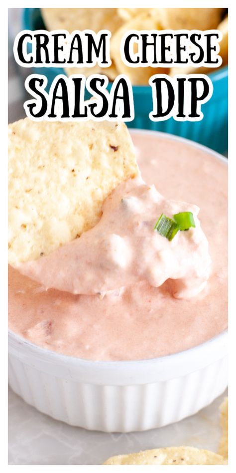 Bowl of dip with tortilla chip. Salsa Sour Cream And Cheese Dip, Creamy Salsa Dip Sour Cream, Easy Salsa Dip, Pink Finger Foods For Party, Cream Cheese And Salsa Dip, Creamy Salsa Dip, Pink Dips Food, Salsa Dip With Cream Cheese, Salsa Cream Cheese Dip