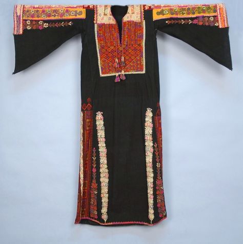 Lebanese embroidered tunic, black linen and silk with elaborate colorful embroidery and couching, early 20th c Lebanese Clothing, Middle Eastern Fashion, Colorful Embroidery, Traditional Costume, Embroidered Tunic, Central Asia, Embroidery Dress, Black Linen, Historical Clothing