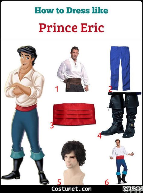 Prince Eric is mostly known for his sailor’s clothes. He wears a white tunic, blue pants, black boots, and a red cumberbund.            #TheLittleMermaid #male #movies #Disney #renaissance #sailor #TheLittleMermaid #prince Disney Costumes For Men, Eric Costume, Prince Eric Costume, Little Mermaid Characters, Run Disney Costumes, Fairy Tale Costumes, Little Mermaid Costume, Prince Costume, Cartoon Character Costume