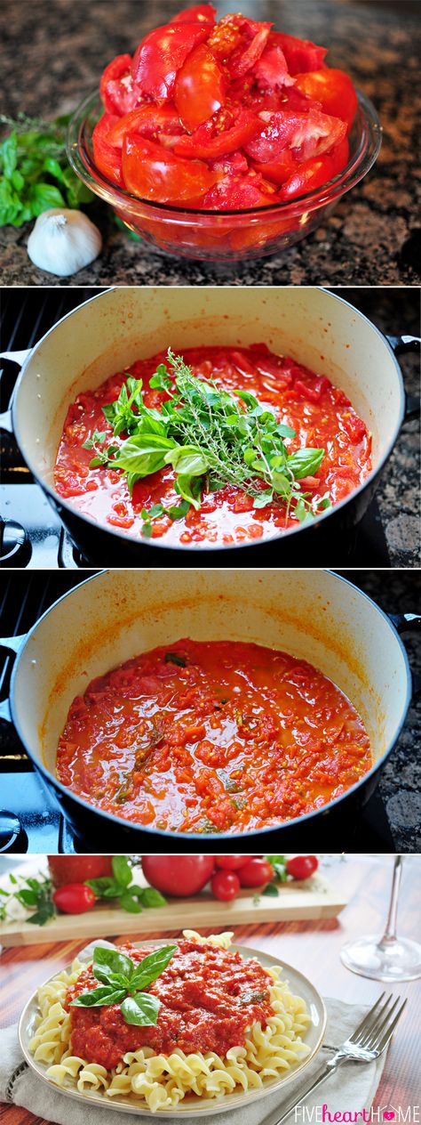 30-Minute Homemade Marinara ~ quick, flavorful sauce made with ripe tomatoes, fresh herbs, garlic and a touch of balsamic vinegar | FiveHeartHome.com Fresh Tomato Marinara Sauce, Pizza Dip, Pasta Sauce Homemade, Marinara Sauce Homemade, Immersion Blender, Homemade Marinara, Pasta Sauces, Fettuccine Alfredo, Dinner Healthy