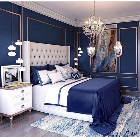 Green Bedroom Colors, Blue And White Bedroom, Blue Bedroom Walls, Blue Bedroom Design, Bedroom Color Combination, Blue Bedroom Decor, Modern Luxury Bedroom, Luxury Bedroom Design, Ideas Videos