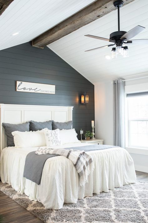 White And Gray Master Bed, Gray Shiplap Wall Bedroom, Headboard On Shiplap Wall, Shipman Bedroom Wall, Grey Shiplap Wall Bedroom, A Frame Accent Wall, Farmhouse Bedroom With Shiplap Accent Wall, Bedroom Master Accent Wall, Dark Blue Shiplap Wall Bedroom