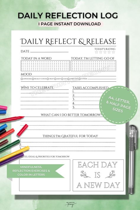 Daily Reflection Log Reflect and Release Journal Page Day Review Journal, Bullet Journal Reflection Page, Bullet Journal Reflection, School To Do List Printable, School To Do List, Daily Reflection Journal, Reflective Journaling, Daily Review, Map Worksheets