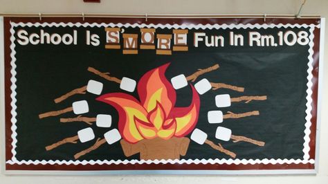 This year's Summer bulletin board. The marshmallow sticks have the kids names on them. Fire Bulletin Board, Olaf Marshmallow, Campfire Birthday Party, Marshmallow Campfire, Name Building, Summer Bulletin Board, Creepy Halloween Party, Creepy Halloween Food, Marshmallow Sticks