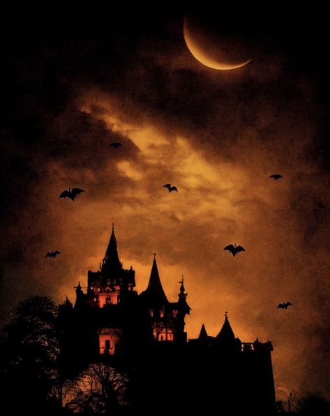 Spooky Night Sky, Gothic Autumn, Moody Halloween, Orange Night, Halloween Castle, Autumn Dark, Vampire Love, Bio Art, Halloween Crafts Decorations