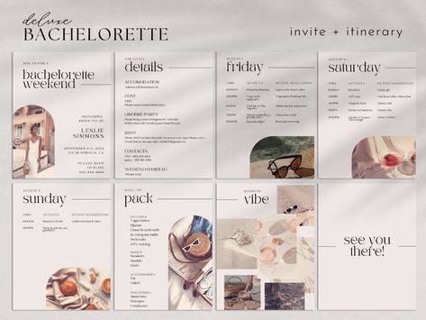 "This deluxe bachelorette invitation template is sure to impress. Includes 9 pages of luxe vibes to set the tone for the bachelorette weekend. It's the ultimate planner including a detailed bachelorette itinerary, packing list, and more!  Get instant access, edit, and send to the printer! Better yet, it can be sent as an evite over text/email instead to save time and $. Customize all the details including the heading, object placement and colors! Duplicate any pages to create more. More deluxe i Bachelorette Invite, Bachelorette Party Itinerary, Bachelorette Planning, Bachelorette Weekend Itinerary, Free Wedding Planner, Bachelorette Invitation, Bachelorette Itinerary, Bachelorette Themes, Ultimate Planner