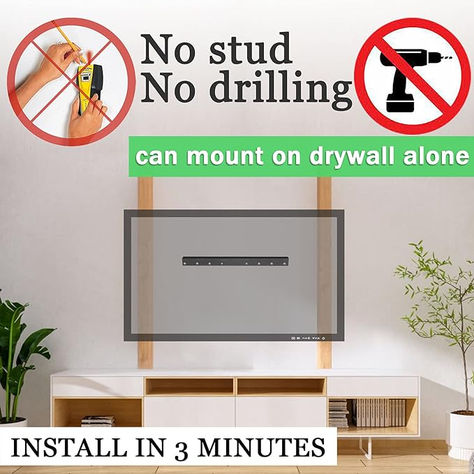 I know this might seem crazy ONLY 3 Minutes. But hear me out drywall no stud hanger for TV is constructed of high-quality cold-formed steel for the ultimate in safety and reliability to keeping your TV, max load capacity is 99lbs, Now that is impressive. GIVE IT A TRY. Tv Hanger, Large Tv Console, Tilting Tv Wall Mount, Flat Tv, Tv Wall Mount Bracket, Dry Wall, Mid Century Modern Desk, Tv Wall Brackets, Tv Wall Mount