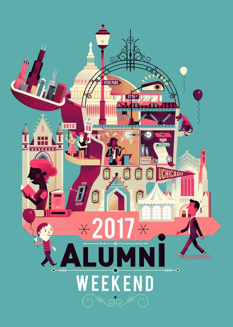 Iillustration for the Poster of the University of Chicago Alumni Weekend. Poster Design University, Alumni Meet Poster, University Poster Design Ideas, Alumni Events Ideas, University Infographic, University Poster Design, Alumni Event Ideas, Poster University, Alumni Design