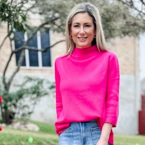 Marnie Goldberg on Instagram: "So…pink.💗 I have avoided it in the past thinking it’s too “girly” or “young” for me (which is ridiculous, and that sort of thinking needs to stop). But when I saw one of my favorite sweaters available in this super bright pink, I figured I’d give it a go. Boy am I glad I did! I think this color adds a healthy glow to my whole face, sort of like a bright shade of lipstick, blush or bronzer would do! Even my husband commented that it added a sparkle to my eyes. 💖 The jeans are my current fave style for 2024. The patch front pockets and wider straight legs make your legs look so long!! And these look and feel like premium denim but they’re under $75. I’d say they both run true to size-measure your natural waist and order accordingly. 

How to Shop This Look:
❣ Marnie Goldberg, Lipstick Blush, Favorite Sweater, Healthy Glow, Premium Denim, My Eyes, Bronzer, Bright Pink, My Husband