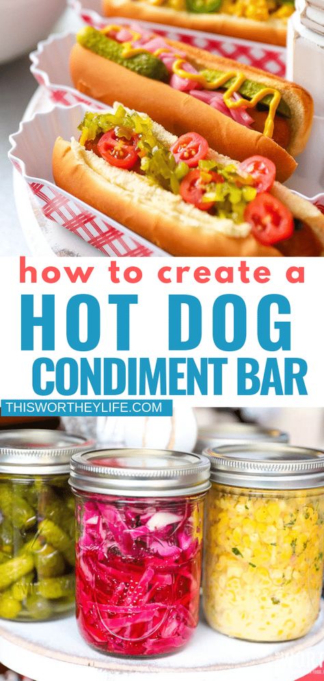 Hot Dog Condiment Bar, Hot Dog Condiments, Toppings For Hot Dogs, Hot Dog Bar Party Ideas, Hot Dog Toppings Ideas, Hot Dog Toppings Bar, Unique Hot Dog Toppings, Unique Hot Dog Recipes, Hot Dog Bar Party