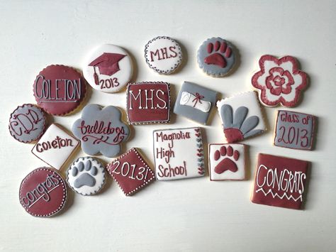 High school graduation, cookies, maroon, gray, white Maroon And Silver Graduation Party Ideas, Maroon Graduation Party, Maroon And Gray Graduation Party, Ou Graduation Cookies, Rustic Graduation Party, Graduation Cookies, Graduation Decorations, High School Graduation, Graduation Cakes