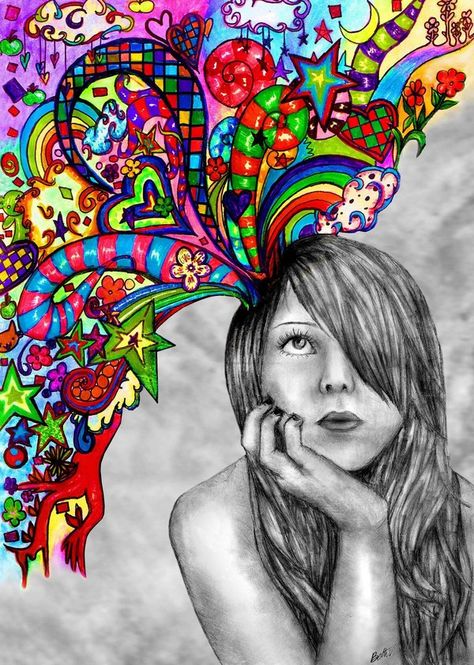 drawing of girl with colorful thoughts / dreams - ART Self Portrait Drawing Ideas Creative, Mind Valley, School Sketches, Boom Kunst, Start School, 얼굴 그리기, Coloring Ideas, Eighth Grade, Arts Ed