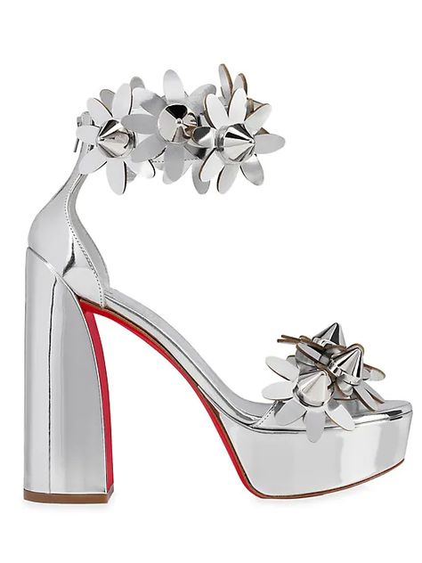 Daisy Spike 130 Alta Leather Sandals Silver Platform Heels, Christian Louboutin Sandals, Stacked Heel Sandal, Silver Platforms, Shoes Heels Classy, Red Louboutin, Ankle Strap Sandals Heels, Leather Platform Sandals, Platform Sandals Heels