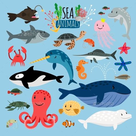 Sea Animals. Vector underwater animal creatures and fish in the sea, swordfish and langoustine, ocean beach turtle and starfish isolated on blue background Crab Animal, Animal Creatures, Ocean Illustration, Underwater Plants, Ocean Turtle, Underwater Animals, Cartoon Fish, Animal Illustrations, Underwater Life