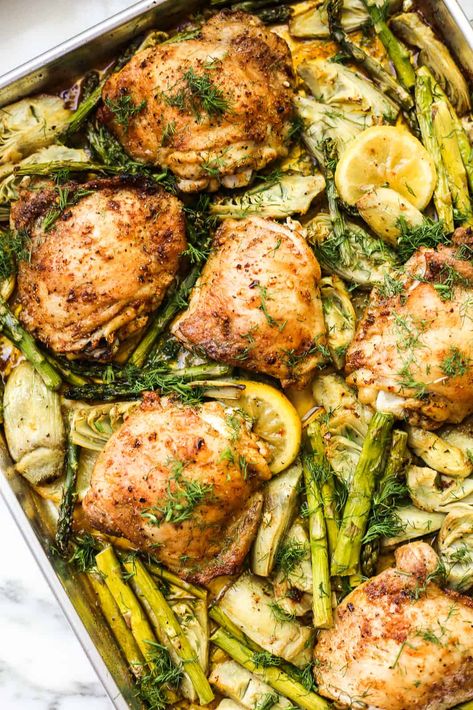 Sheet Pan Spring Chicken with Artichokes and Asparagus Chicken With Artichokes, Chicken With Asparagus, The Defined Dish, Defined Dish, Harissa Chicken, Sheet Pan Dinners Chicken, Spring Chicken, Pan Chicken, Sheet Pan Dinners