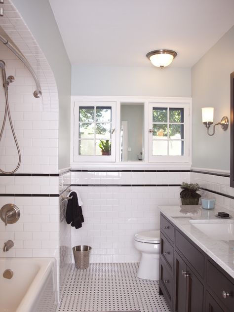 Bathroom Black And White Tile Design, Pictures, Remodel, Decor and Ideas - page 12 Bathroom Black And White Tile, Tudor Bathroom, Black And White Tile Bathroom, Tile Bathroom Design, White Tile Bathroom, Downstairs Bathroom Ideas, Bathroom Black And White, Tudor Kitchen, Beach Style Bathroom