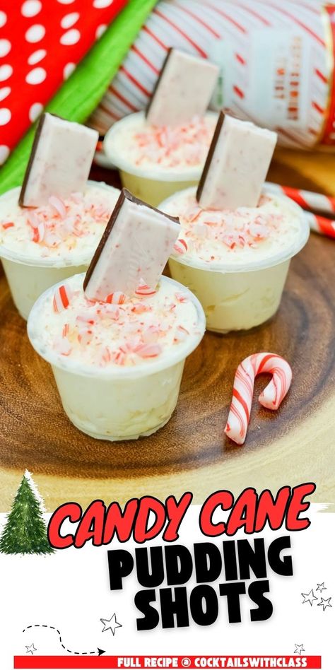 These peppermint bark pudding shots are just the thing you need on your Christmas drinks menu. Wow your guests with these easy-to-make candy cane shots. Candy cane pudding shots, Christmas pudding shots, peppermint pudding shots Peppermint Bark Pudding Shots, Pudding Shots Christmas, Christmas Pudding Shots, Christmas Shots Alcohol, Christmas Dessert Drinks, Rumchata Pudding Shots, Holiday Jello Shots, Holiday Pudding, Pudding Shot Recipes