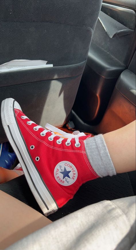 Red Converse Aesthetic, Knee High Converse, High Converse, Converse Aesthetic, Cute Converse, Red High Tops, Shoes Aesthetic, Red Converse, Girls Converse