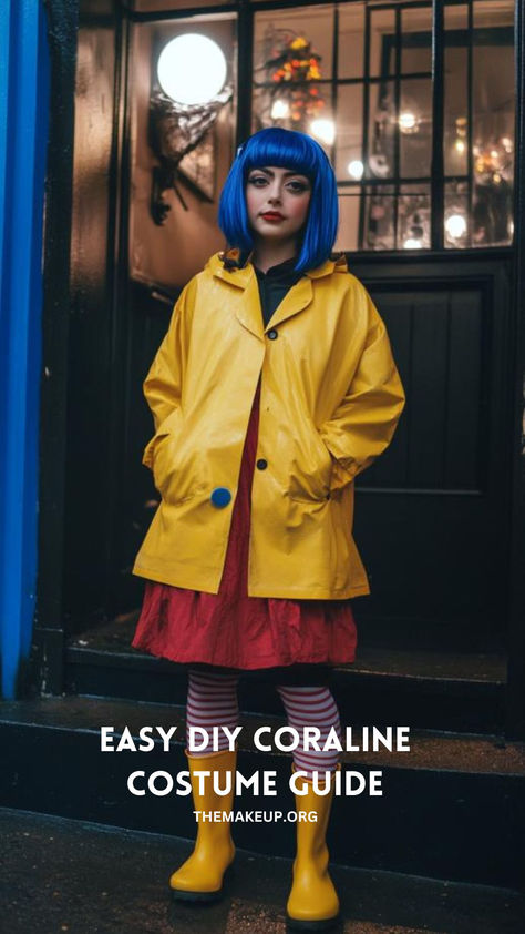 Easy DIY Coraline Costume Guide: Look Like Your Favorite Heroine! 🌧️🔑 Coraline Family Halloween Costume, Coraline Costume Ideas, Coraline Costume Diy, Diy Coraline Costume, Coraline Cosplay, Adult Costumes Diy, Easy Diy Costume, Coraline Costume, Blue Bob