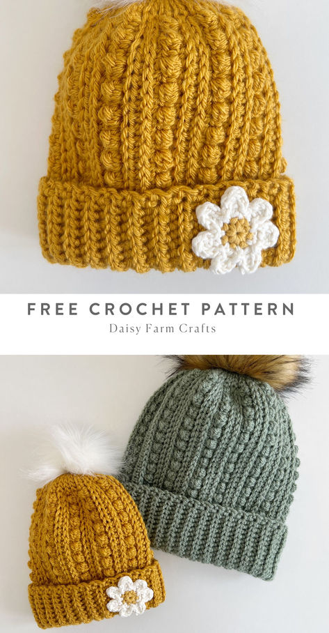 gold crochet hat with daisy flower on the brim Crochet Hat Oattern, Crochet Pattern For Flowers, Crochet Caps Free Pattern, Size 6 Yarn Crochet Hat Patterns Free, Wool Hat Crochet Pattern, Cool Crochet Beanie Pattern Free, Crochet Hat That Looks Knitted, Crochet Free Hat Patterns, Cute Beanies Crochet