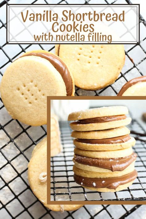 Shortbread Cookies With Nutella, Nutella Shortbread Cookies, Nutella Shortbread, Cookies With Chocolate Ganache, Vanilla Shortbread Cookies, Easy Shortbread Cookies, Cookies With Nutella, Shortbread Desserts, Easy Shortbread Cookie Recipe