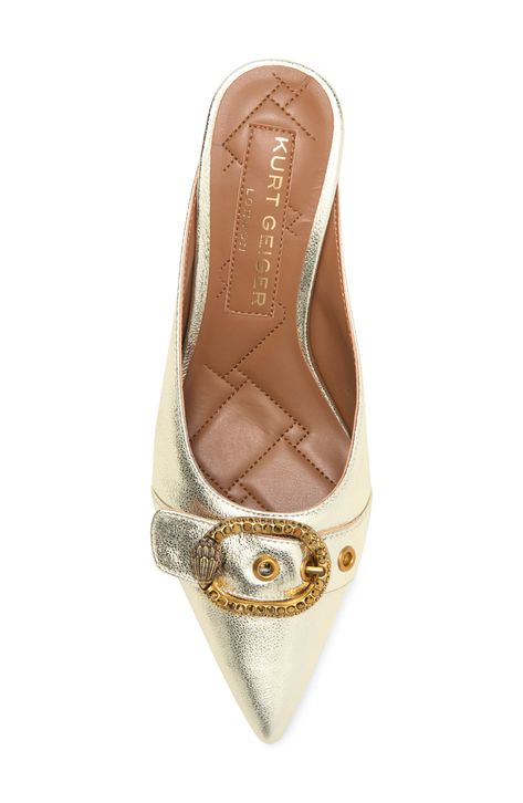 A brassy-finish eagle-head buckle add signature edge to a pointed-toe metallic kitten heel pump, perfectly poised for any occasion. 2 1/3" heel Leather upper/synthetic lining and sole Imported London Mayfair, Eagle Head, Kitten Heel Pumps, Kurt Geiger, Nordstrom Store, Kitten Heel, Anniversary Sale, Women's Pumps, Mule