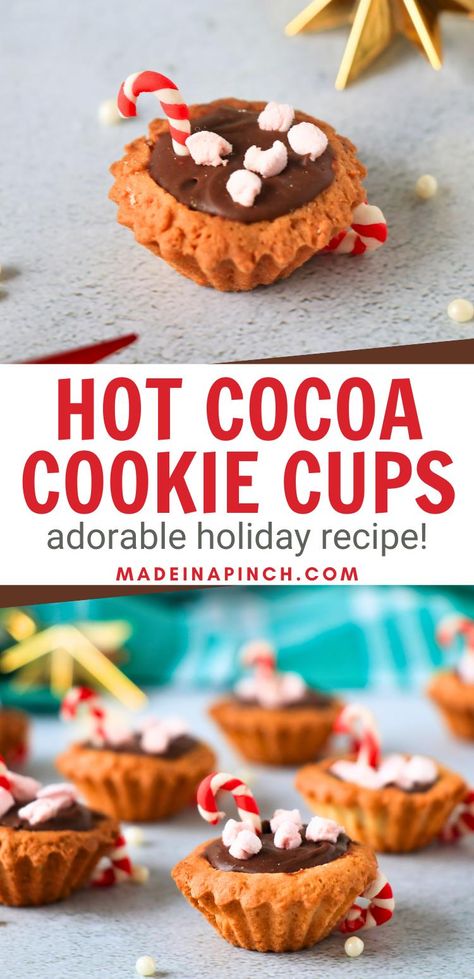 Pin with two images of hot cocoa cookies cups. At the top, there's a close up image of a single hot chocolate cookie cup. At the bottom is an image showing several hot chocolate cookie cups with a holiday background. In the middle are the words "Hot Cocoa Cookie Cups: adorable holiday recipe!" and the website "madeinapinch.com". Hot Cocoa Cookie Cups, Hot Chocolate Cookie Cups Recipe, Hot Chocolate Cookie Cups, Chocolate Cookie Cups, Hot Chocolate Cookie, Cute Hot Chocolate, Hot Chocolate Cookies Cups, Festive Holiday Desserts, Sugar Cookie Cups