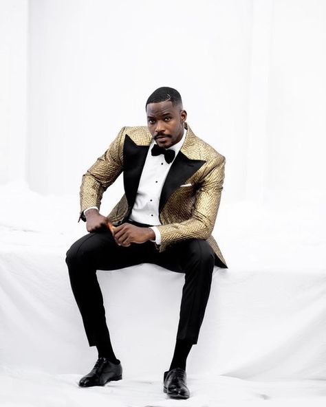 Gold Tuxedo, Gold Suit, Velvet Bow Tie, Black Velvet Bow, Gold Brocade, Future Wedding Plans, Nigerian Wedding, Suit Style, Black Trousers