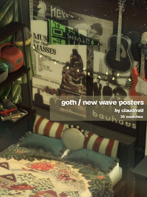 goth / new wave posters by claudtrait Sims 4 Cc Guitar Decor, Sims 4 Guitar Case, Sims 4 Functional Photo Frame, Sims 4 Cc Punk Decor, Sims 4 Low Income Cc, Ts4 Grunge Furniture, Ts4 Goth Furniture, Sims 4 Horror Cc Decor, Sims 4 Music Posters