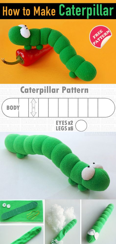 How to Make Caterpillar. Free Pattern & Tutorial Felt Caterpillar Pattern, How To Make Caterpillar Craft, Caterpillar Sewing Pattern, Caterpillar Craft, Memory Bears Pattern, Fabric Basket Tutorial, Towel Animals, Green Sheets, Memory Bears