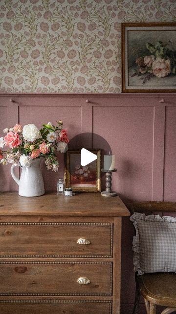 Emma | Family Home Decor & DIY | Mum of 4 on Instagram: "My most asked about paint colour recently is this vintage pink used in our bedroom 💗🌸  It's a recent paint colour launch by @earthbornpaints called Flora's Tale and is an earthy vintage dusky pink. I used the Eggshell No.17 finish because I was using the paint on panelling but the same shade is available in a matt finish for walls and ceilings too.  Save this for all the pink paint colour inspo for your next project 🌸💗  #pinkbedroom #pinkpaint #pinkinterior #paintcolours" Moody Pink Bedroom, Sulking Room Pink Bedroom, Vintage Pink Bedroom, Dusky Pink Bedroom, Earthy Vintage, Old Rose Color, Pink Paint Colors, Family Home Decor, Bedroom Red