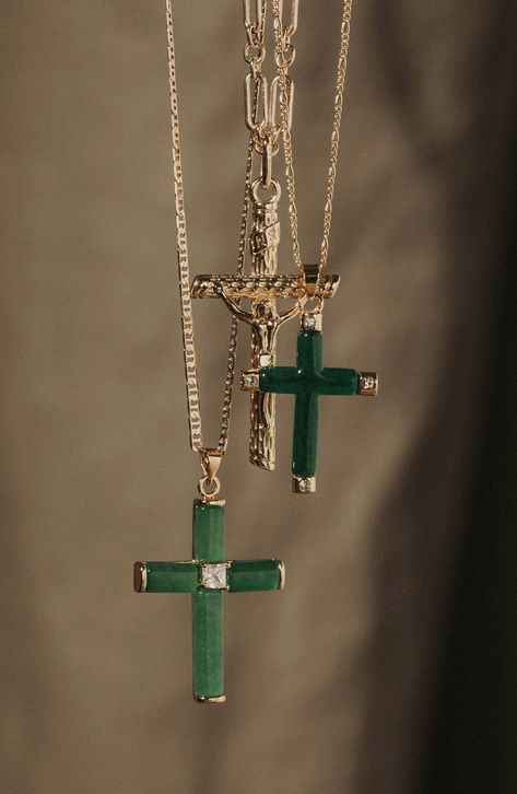 Show your faith with this gleaming mariner-chain necklace suspending a jade stone cross centered by a sparkling square-cut cubic zirconia. 20" length; 1"W x 1 1/4"L pendant Lobster clasp closure 18k-gold fill/24k-gold fill/jade/cubic zirconia Made in the USA of imported materials Vintage Italian Fashion, Dope Jewelry Accessories, Child Of Wild, Gold Cross Necklace, Dope Jewelry, Jade Necklace, Jewelry Fashion Trends, Stacked Jewelry, Jewelry Lookbook