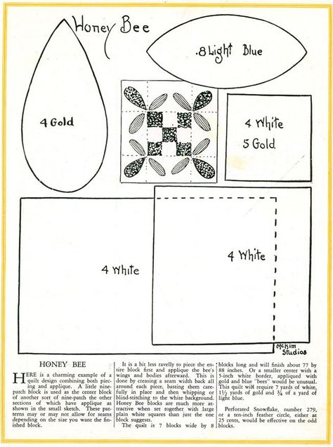 Honey Bee Quilt Block pattern from the 1920s. A version of a nine patch block done with piecing and applique. Honey Bee Quilt Block Patterns, Vintage Applique Quilts, Honey Bee Quilt Pattern, Bee Quilt Block, Bee Quilt Pattern, Honey Bee Quilt, Bee Projects, Bee Quilts, Castle Cottage