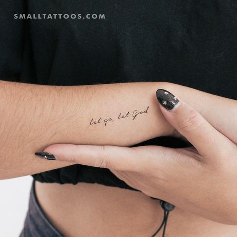 Handwritten font "let go, let God" temporary tattoo. Set of three. Size: 1.7 in / 4.4 cm (width) Consider It Joy Tattoo, Let Go And Let God Tattoo Fonts, To God Be The Glory Tattoo, Moving On Tattoos Letting Go, Let It Tattoo, Let Go And Let God Tattoo Ideas, Let Go And Let God Tattoos For Women, Let It Be Then Let It Go Tattoo, Be Still And Know Tattoo