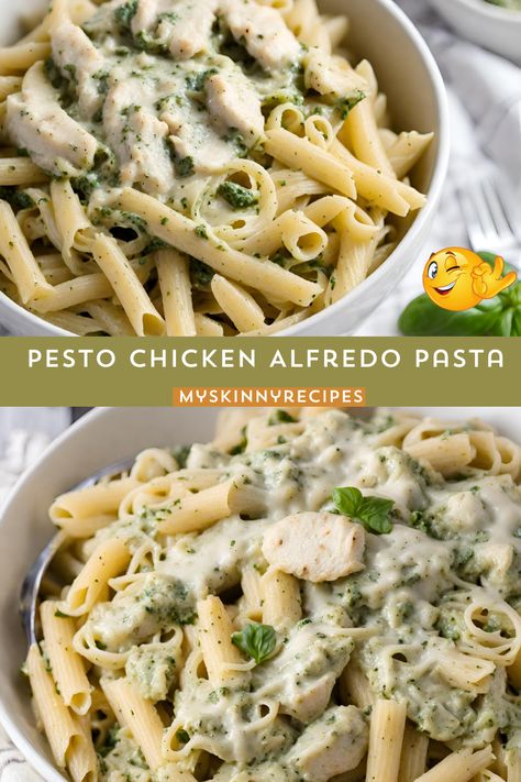 ✨ Elevate your pasta game with our mouthwatering Pesto Chicken Alfredo Pasta! Creamy alfredo sauce meets zesty pesto and tender chicken in this irresistible dish. 🍝😋 Perfect for cozy nights in or dinner parties with friends! #pasta #recipe #alfredo #pesto #chicken #delicious #myskinnyrecipes Creamy Pesto Alfredo Sauce, Pesto Chicken Pasta Crockpot, Pesto Alfredo Sauce, Pesto Alfredo, Healthy Alfredo Sauce, Alfredo Sauce Easy, Creamy Pesto Chicken Pasta, Spicy Peanut Noodles, Broccoli Pasta Bake