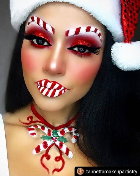 Candy Cane Beauty  Makeup Body Painting Art Idea From  @tannettamakeupartistry    Tag your friend who'll love this!    Follow @halloweencolor for Daily Creative MUA Ideas Tag us @halloweencolor & #halloweencolor to get featured!   #sfxmakeup #makeupartist #makeuppaint #makeup #sfxmua #makeuptutorial #muaaddict #muainspo #makeupinspo #makeupparty #makeupideas #makeuplooks #makeupvideos #makeuplover #makeupjunkie #makeuplife #makeupaddict #makeupmafia #halloweenmakeup #halloweenmakeupideas #makeup Tiktok Eyeshadow, Holiday Eye Makeup, July Makeup, Christmas Party Makeup, Xmas Makeup, Fantasy Make-up, Holiday Eye, Make Up Designs, Christmas Eye Makeup