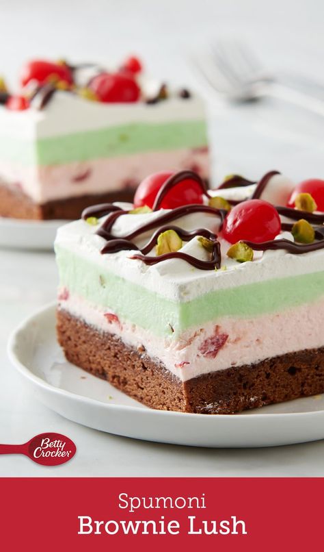 Spumoni Cake Recipe, Spumoni Brownie Lush, No Churn Spumoni Ice Cream Pioneer Woman, Italian Ice Cream Desserts, Italian Ice Cream Cake, Pistachio Trifle Desserts, Spumoni Ice Cream Cake, Spumoni Pie, Christmas Pies And Cakes