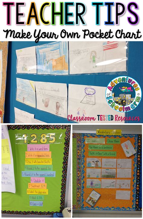 DIY Pocket Charts - great for quickly changing items on a bulletin board. Pocket Charts In The Classroom, Diy Pocket Chart, Vocabulary Stations, Organized Teacher, Classroom Organization Elementary, Diy Pocket, Classroom Hacks, Focus Wall, Class Organization