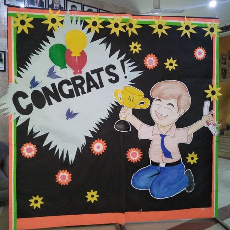 Congratulations Board Ideas, Result Day Decoration Ideas In School, Result Day Board Decoration Ideas, Diy Father's Day Decorations, Congratulations Poster, School Decorations Diy, Class Board Decoration, Notice Board Decoration, Father's Day Decorations